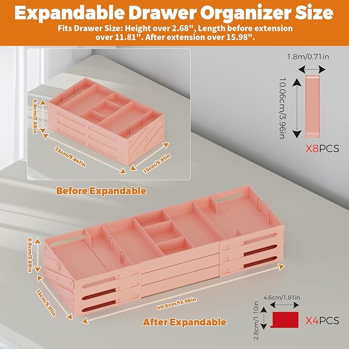3 Tier Drawer Organizer - Expandable Junk Drawer Organizer Smart Office Supply Organizer, Folding Storage Multi-level Desk Organizer for Makeup,Jewelry,Kitchen Storage (1 Row 3 Tier, Pink)