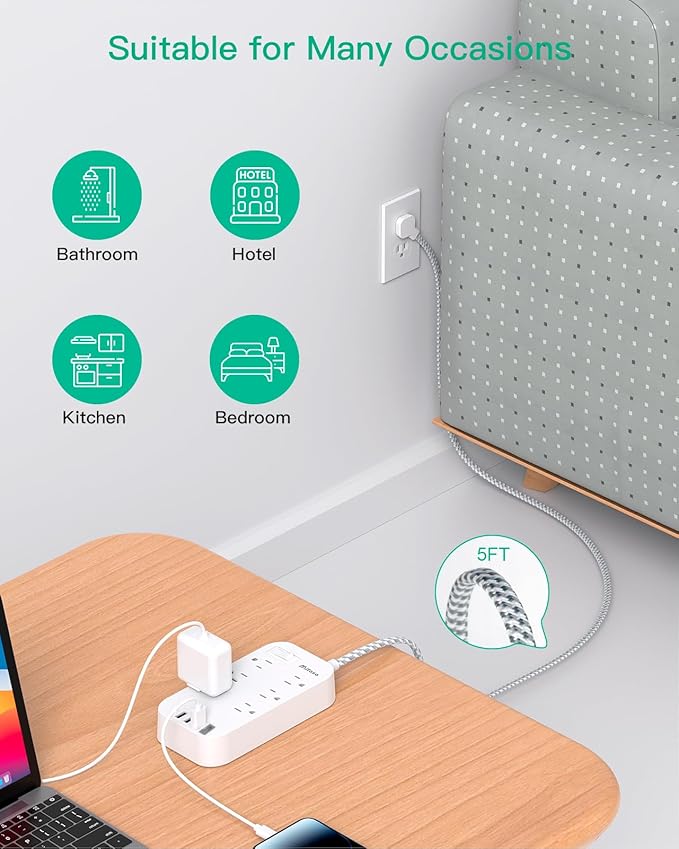 Flat Power Strip - 5 FT Plug Extension Cord, 6 Outlets 3 USB Ports Outlet Extender with Overload Protection, Wall Mount, Desktop Charging Station for Home, Office and Dorm Essential