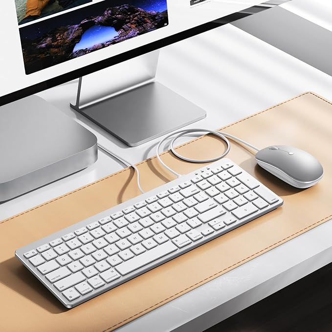 OMOTON Keyboard and Mouse for Mac, Wired Keyboard for Mac with Numeric Pad Dual Interface (Type-C & USB), Mouse with USB A Interface for MacBook Pro/Air, iMac, Mac mini/Pro Laptop, Silver White