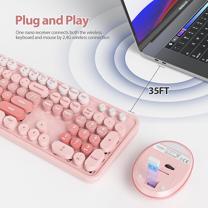 Cute Pink Keyboard and Mouse Combo Wireless, 2.4G Full Size 104-Key Retro Typewriter Keyboards Round Keys for Students Teenagers Home Office PC Laptop(Diary Pink)