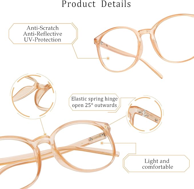 LifeArt Round Blue Light Blocking Glasses, Computer Glasses, Gaming Glasses, TV Glasses for Women Men (Champagne, 4.75 Magnification)