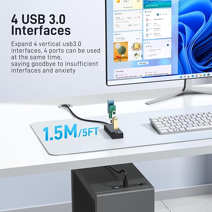4 Port USB 3.0 Hub 5FT/1.5M Cable with 5 Gbps Speed & 5V USB-C Power Supply – USB hub Splitter for Office, Home Office, Gaming, and External Devices