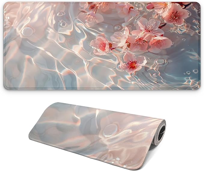 Large Computer Mouse Pad with Non-Slip Base for Desktop, Cute Gaming Mouse Mat with Stitched Edges, Long Extended Anime Mousepad for Laptop, 31.5 x 11.8 inches (Pink Cherry Blossoms)