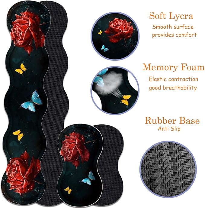 Large Gaming Mouse Pad + Keyboard Wrist Rest + Wrist Support + Coaster Set, Memory Foam Ergonomic for Easy Typing, XXL Extended Gaming Mouse Pad Table Pad - Starry Red Rose
