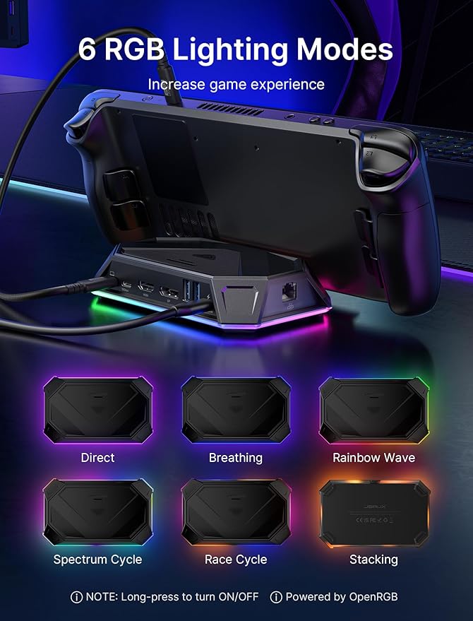 JSAUX RGB Docking Station for Steam Deck (OLED)/ROG Ally/Legion Go, 12-in-1 Handheld Dock with 4K@120Hz HDMI & DisplayPort Gigabit Ethernet USB C 3.2 USB A 3.2/2.0, SD/TF Slots 3.5mm Jack-HB1201S