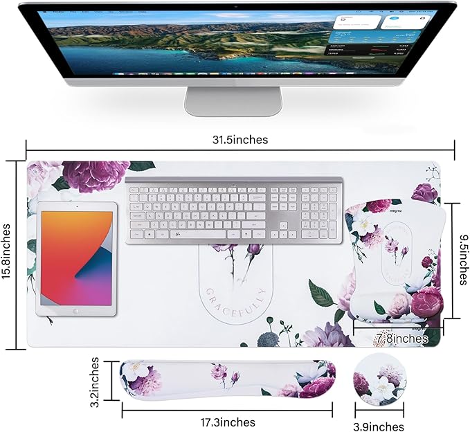 MEGREZ 4-in-1 Ergonomic Memory Foam Wrist Rest Set, Desk Pad, Mouse Pad with Wrist Rest, Keyboard Pad, Suitable for Office Workers, Programmers & Gamers–Relieve Typing & Gaming Fatigue, White