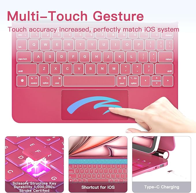 for iPad Air 11 inch Case with Keyboard (M4/M3/M2, 2026/2025/2024), iPad Pro 11 (4th/3rd/2nd/1st Gen) & Air 5/4th Magic Keyboard Case, Backlit, Multi-Touch Trackpad, Hot Pink