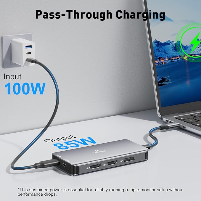USB C Docking Station Dual Monitor, Laptop Docking Station 3 Monitor, USB C Hub Dual 4K@60Hz HDMI Display with DisplayPort Port, 5Gbps USB-A/C Data Port, 100W PD, for HP/Dell/Lenovo/Laptop