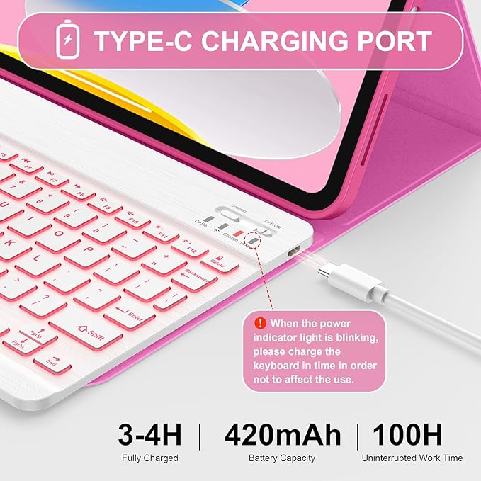 Soke for iPad (A16) 11th/10th Generation Case with Keyboard(2025/2022)-7 Color Backlight Wireless Detachable Folio Keyboard Cover with Built-in Pencil Holder for iPad 11/10.9 inch, HotPink Marble