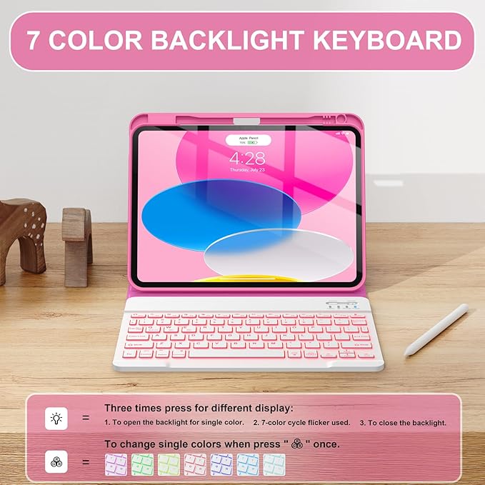 Soke for iPad (A16) 11th/10th Generation Case with Keyboard(2025/2022)-7 Color Backlight Wireless Detachable Folio Keyboard Cover with Built-in Pencil Holder for iPad 11/10.9 inch, HotPink Marble