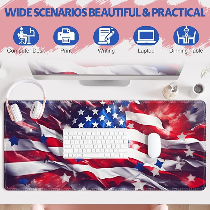 Desk Pad for Keyboard and Mouse, Large Mouse Pad for Desk, Non-Slip Keyboard Mat, Computer Mats for Desk, Desk Pad with Stitched Edges for Office, Gaming Men Boy I American Flag USA