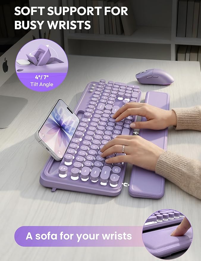 Wireless Keyboard and Mouse Combo - Backlit Typewriter Keyboard with Magnetic Wrist Rest & Phone Holder, Light Up Round Keys, 2.4GHz Cordless Set for Mac, Windows, PC, SABLUTE (Soft Lilac)