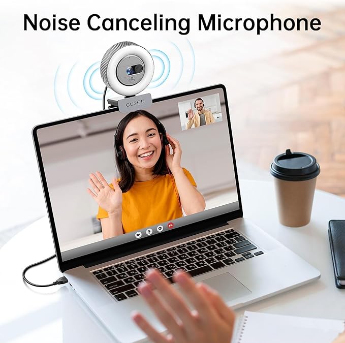 GUSGU 2K QHD Webcam with Microphone and Ring Light, G910 Web Camera Privacy Cover, USB Plug&Play Computer Camera for PC/Desktop/Laptop/Mac, Streaming Camera for Video Conferencing