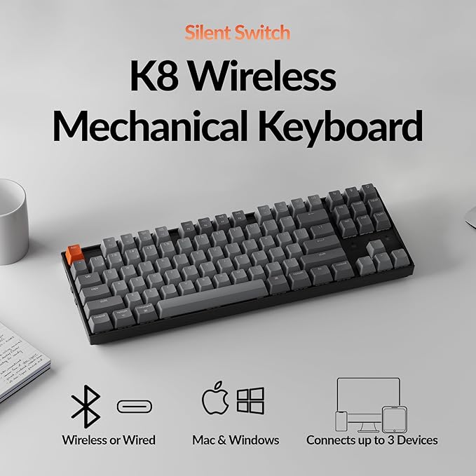 Keychron K8 Wireless Mechanical Keyboard – Silent Red Switch for Quiet Office and Gaming, TKL 87 Keys, Soft White LED Backlight, Bluetooth & USB-C Wired Connectivity, Compatible with Mac and Windows