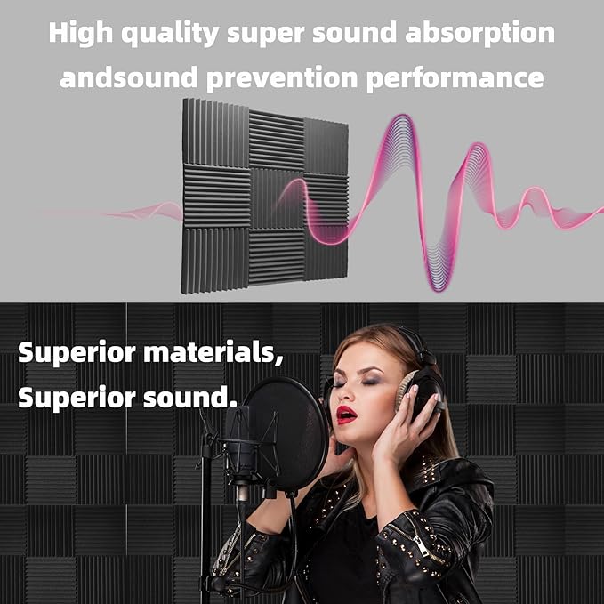 24 Pack Sound Proof Foam Panels |1"×12"×12" Quick-Recovery Soundproof Wall Panels | High Density Sound Dampening Panels for Home Studio| With Adhesive Stickers 120PCS (Black)