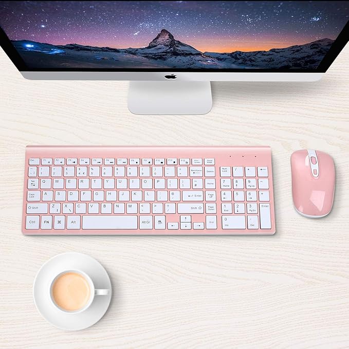 cimetech Wireless Keyboard and Mouse Combo, Compact Silent Ergonomic Scissor Switch Keyboard and Optical Mouse Set, 2.4G Lag-Free Cordless Keyboard Mice for Computer, Mac, Laptop, PC, Windows - Pink