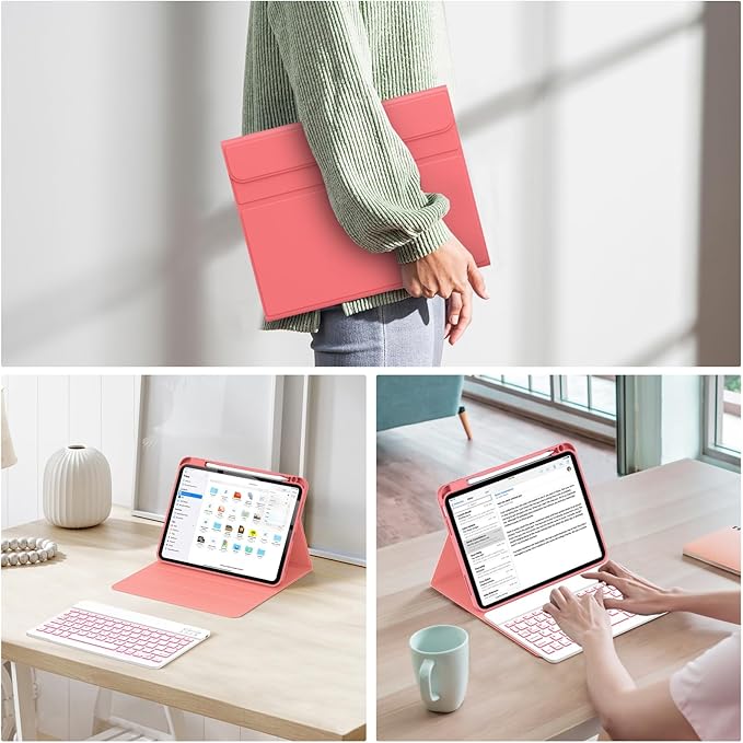 Soke for iPad (A16) 11th/10th Generation Case with Keyboard(2025/2022)-7 Color Backlight Wireless Detachable Folio Keyboard Cover with Built-in Pencil Holder for iPad 11/10.9 inch, Watermelon Red
