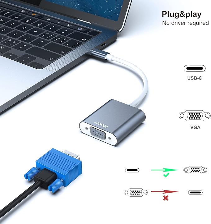 BENFEI USB C to VGA Adapter, 2 Pack Thunderbolt 3 to VGA Adapter Compatible for MacBook Pro 2019/2018/2017, MacBook Air/iPad Pro 2018, Samsung Galaxy S10/S9 [Aluminium Shell,Grey]