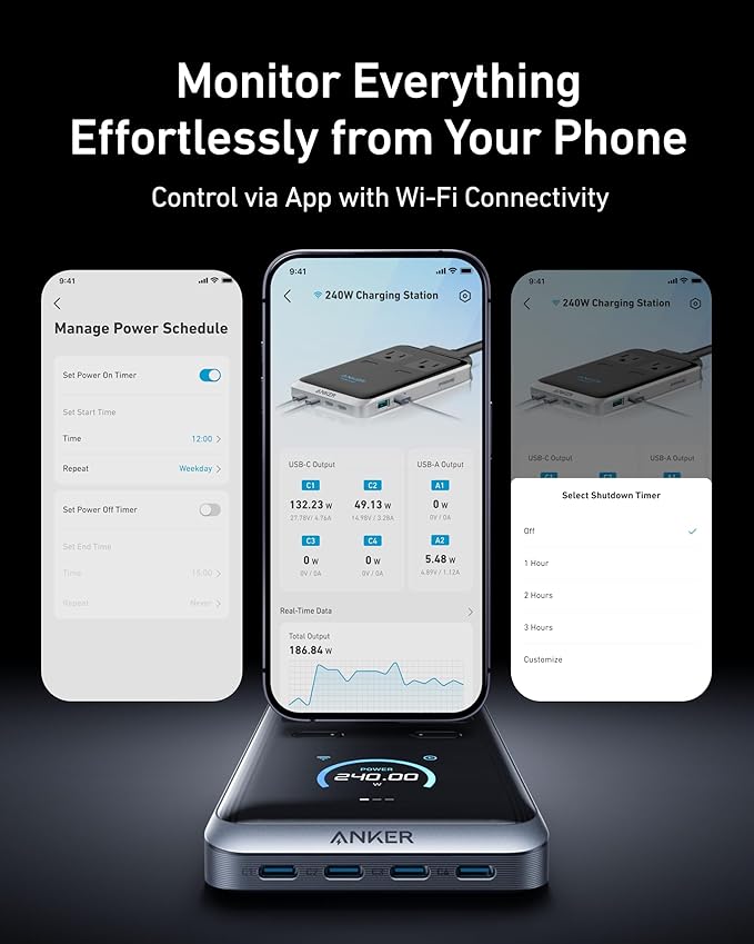 Anker Prime Charging Station, 240W 8-in-1 Power Strip, 5ft Detachable Extension Cord with Multiple Outlets, 2 AC, 4 USB C, 2 USB A, for iPhone, MacBook, Desk Accessories, Home Office (Not for Travel)