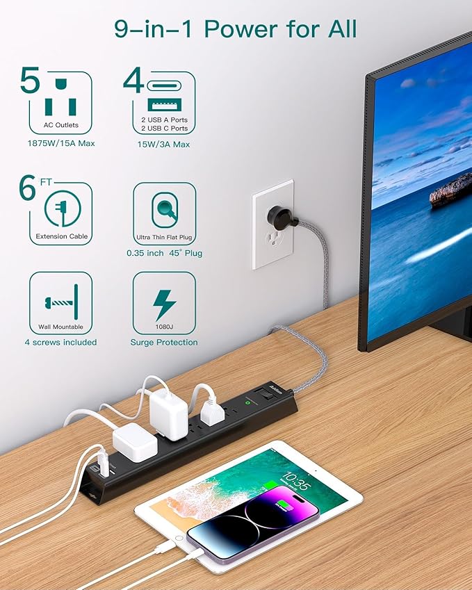 2 Pack Power Strip Surge Protector - 6Ft Extension Cord with 5 Widely Outlets 4 USB (2 USB C) Port, 1875W/15A, Wall Mount, Flat Plug, Desk Charging Station for Home Office College Dorm Room Essentials
