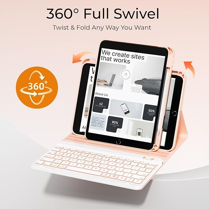 OYEEICE for iPad 9th Generation Case with Keyboard - Detachable Backlit Keyboard - Rotatable Cover with Pencil Holder for iPad 9th/8th/7th Gen, iPad Air 3rd Gen & iPad Pro 10.5" - Pink