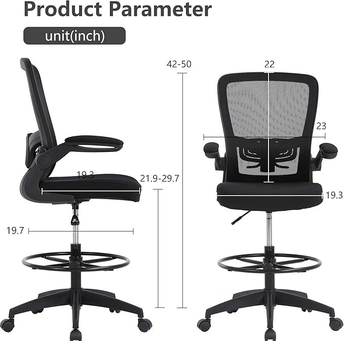 BestOffice Drafting Chair Tall Office Chair Adjustable Height with Lumbar Support Flip Up Arms Footrest Mid Back Task Mesh Desk Chair Computer Chair Drafting Stool for Standing Desk (B-Black)