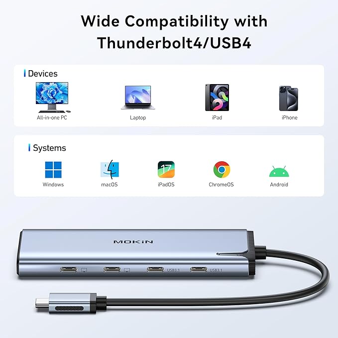 USB C to USB C Hub Dual Monitor, USBC Splitter with 4K@60Hz DP Alt Mode Video Output, 10Gbps Data Transfer, 100W PD Charging, Dual Monitors Adapter for Laptop, Portable Monitor and More Type C Devices