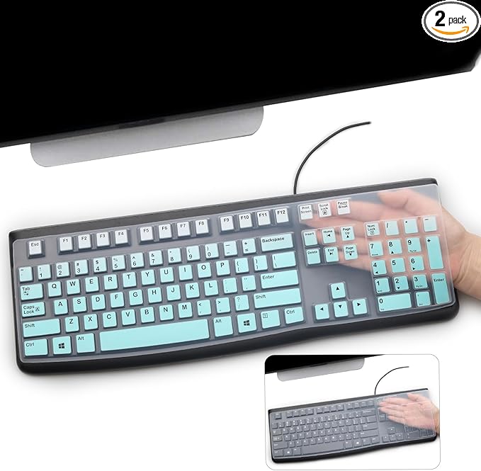 2PCS Keyboard Cover for Logitech K120 & MK120 Ergonomic Desktop USB Keyboard Ultra Thin US Layout Protective Skin-MintGreen+Clear