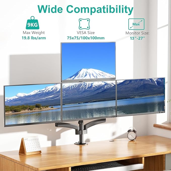 WALI Quad Monitor Mount for 13-27 inch Screens, Extra Tall 4 Monitors Desk Mount, up to 19.8lbs, 32.2 inch Height Max, Fully Adjustable Gas Spring 4 Monitor Arms, VESA 75/100mm (GSDM004S), Black