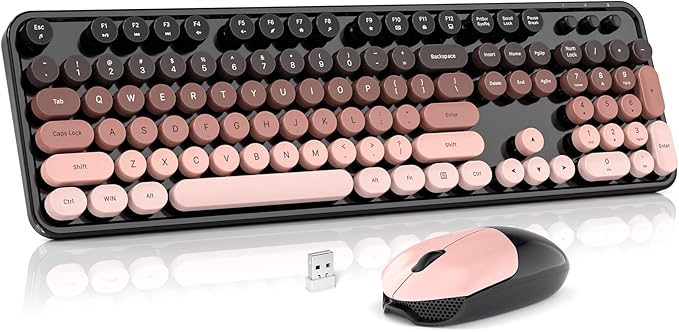 Wireless Keyboard and Mouse Combo, MOWUX Full Size Typewriter Retro Round Computer Keyboard, Cute Optical Mouse Wireless, Plug and Play, for Laptop, PC, Computer- BlackBerry Gradient