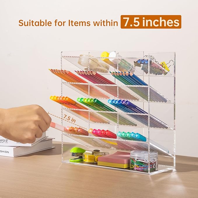 BEYGORM Acrylic Vertical Marker Organizer for 150 Markers with 13 Compartments, Clear Angled Pen & Pencil Holder, Large Desk Stationery & Art Supply Storage for Office & School (10.2 x 9.8 x 4 Inch) | for 150 Markers, Angled, Pen Holders, Desktop Organ...