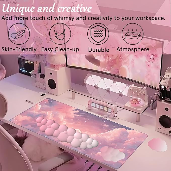 Pink Cloud Large Mouse Pad for Desk Cloud Keyboard Wrist Rest 4PCS Extended Cloud Desk Mat Pad Set Memory Foam Non-Slip Ergonomic Cute Gaming Mouse Pad Wrist Support for Computer Laptop Home Office
