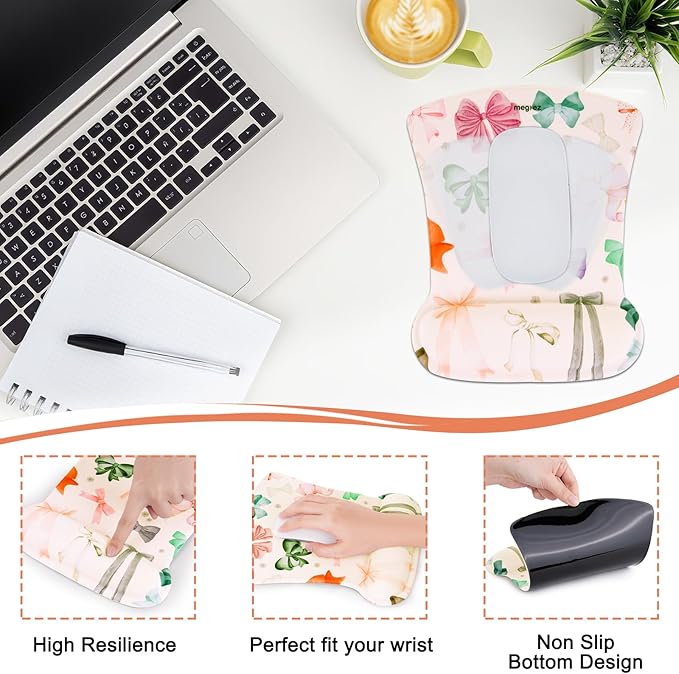 MEGREZ 4-in-1 Ergonomic Memory Foam Wrist Rest Set, Desk Pad, Mouse Pad with Wrist Rest, Keyboard Pad, Suitable for Office Workers, Programmers & Gamers–Relieve Typing & Gaming Fatigue, White Bow