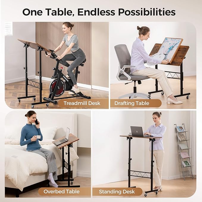 GTPLAYER Standing Desk Adjustable Height & Tiltable Tabletop, 32 Inch Portable Desk for Home Office Stand Up Work and Walking Pad Treadmill, Small Mobile Computer Table for Laptop, Brown