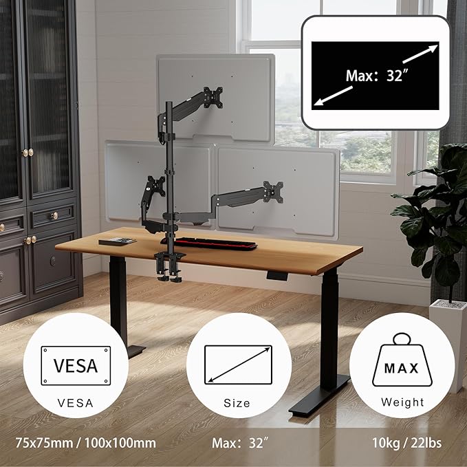 Pholiten Triple Monitor Stand, Mount for 3 Screens up to 32 inches & 22lbs Each, Full Motion Gas Spring Monitor Arm with Clamp Mounting, for Desktops, Computer Monitors