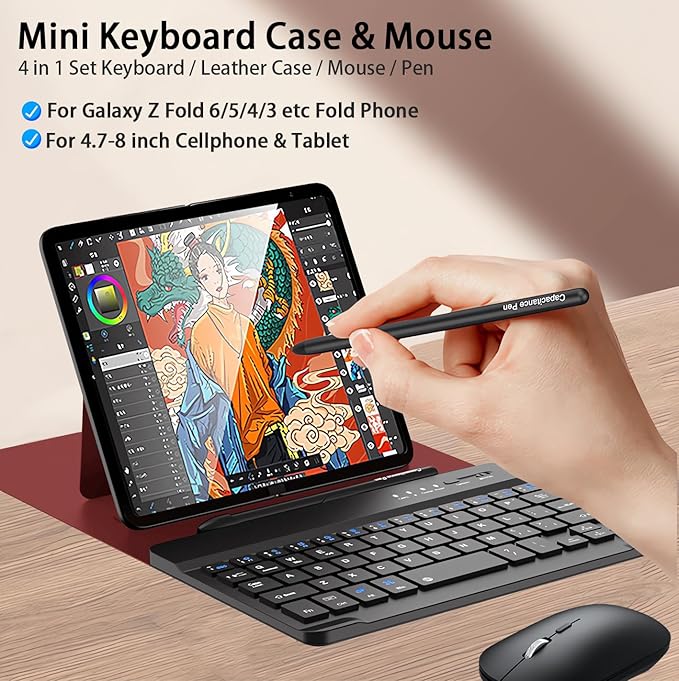 for Samsung Galaxy Z Fold 7 6 5 Keyboard and Mouse, Portable Mini 7.9 inch Bluetooth Keyboard with Leather Case and Capacitive Pen, 4 in 1 Set for Z Trifold Fold7 Accessories