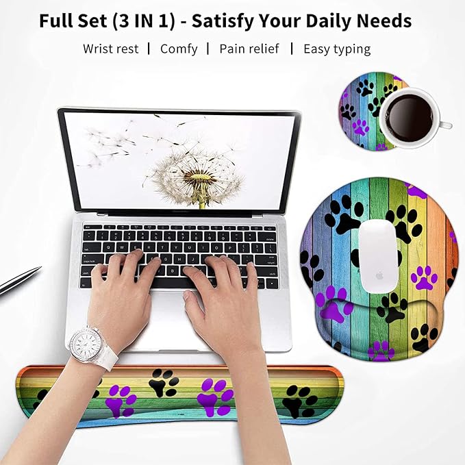 Keyboard Wrist Rest and Mouse Pad with Wrist Support, Ergonomic Gel Mouse Pad Coaster,Easy Typing Pain Relief, Memory Foam Keyboard Mousepad Set,Rainbow Woodgrain Black and Purple Dog Paw