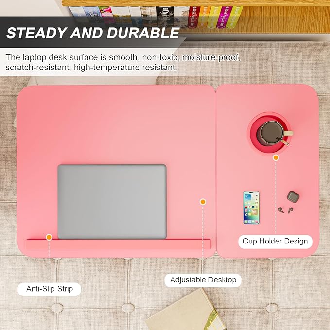 Laptop Desk for Bed, Adjustable Laptops Stand with 5 Adjustable Angles, Portable Lap Tray Table with Cup Holder, Laptop Bed Desk Tray for Eating Working Writing Reading (Pink)