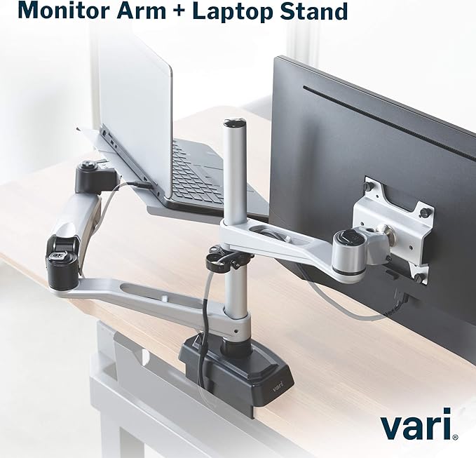 Vari Monitor Arm & Laptop Stand - VESA Compatible Mount with 360 Degree Rotation & 15" Laptop Stand with Adjustable Height, Monitors up to 27 inches, 19.8 lbs Capacity - Single Monitor & Laptop Holder