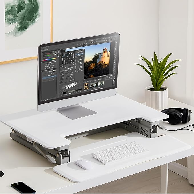28 Inch Standing Desk Converter, 12-Position Adjustable Height Computer Desk Converter, Ergonomic for Use in Home Offices and Computer Workstations，White