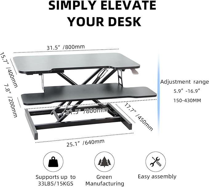 Standing Desk Converter, 32" Height Adjustable Sit to Stand Up Desk Workstation, Dual Monitor Riser with Keyboard Tray, Desktop Riser for Home Office (Black)