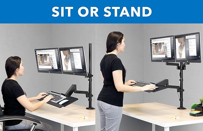 Mount-It! Dual Monitor Arm Desk Mount Sit-Stand Workstation with Keyboard Tray, Height Adjustable Gas Spring, Fits Two 17–32” Screens, 17.6 lbs Each, VESA 75x75 100x100, Clamp or Grommet (Black)