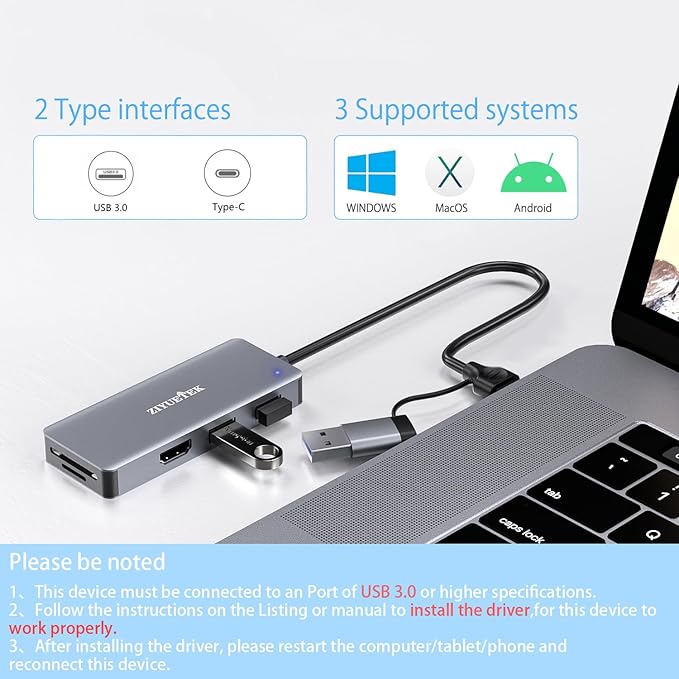 USB 3.0 to hdmi Adapter&USB c to hdmi Adapter 2 in 1,ZIYUETEK 5-in-1 USB C and USB3.0 Docking Station, Suitable for MacBook Pro/Air/M1/M2/Mac, Windows7/8/10/11, Android 7 and Above