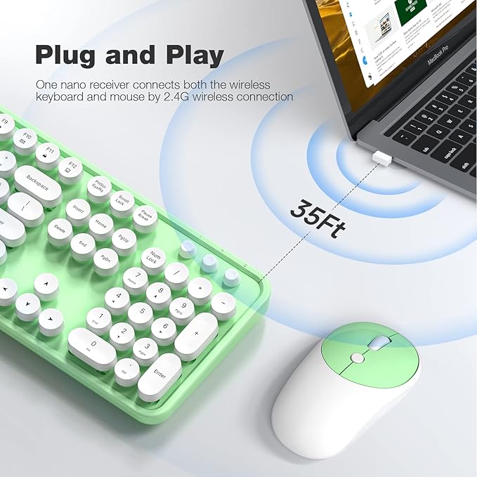 KNOWSQT Wireless Keyboard and Mouse Combo - White-Green Full-Sized 2.4 GHz 104 Keys Typewriter Keyboard, Flexible Round Keycap and Optical Mouse for Windows, Computer, PC, Laptop, Desktop, Mac