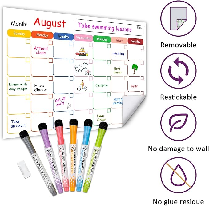 3-Piece Re-stickable Whiteboard Planner Set, Dry Erase Monthly Calendar, Weekly Planner, Shopping List, and 6 Colorful Markers with Erasers, Fridge or Wall Organizer and Scheduler for Home or Office