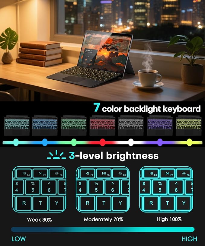 Surface Pro Keyboard for Microsoft Surface Pro 7/6/5/4/3 7 Plus 12.3 inch, 7 Color Backlit Wireless Type Cover, Bluetooth Ultra-Slim Portable Ergonomic Keyboard with Trackpad, Rechargeable Battery