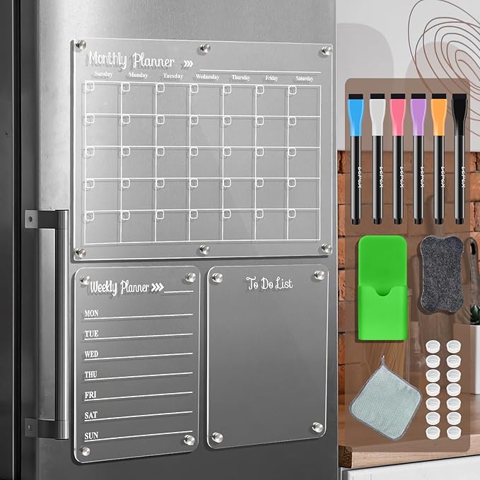 Acrylic Magnetic Dry Erase Board for Fridge, Set of 3 Transparent Monthly & Weekly Planning Boards, Includes 6 Dry Erase Markers, 1 Eraser and Magnetic Pen Holder