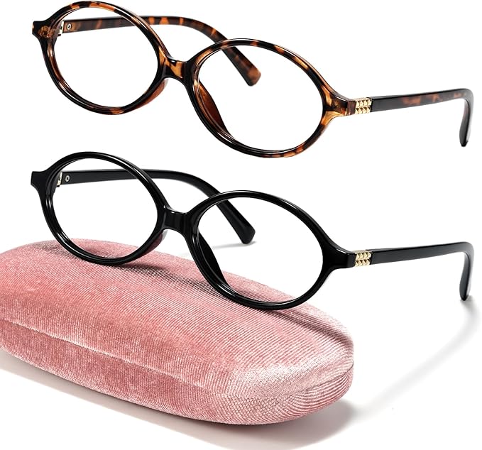 Slocyclub 2 pack Fashion Oval Glasses for Women Men Vintage Oval Small Frame Eyeglasses Retro Blue Light Blocking Glasses with Eyeglass Case, Black and Whiskey Tortoise