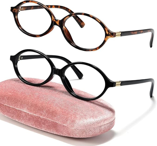Slocyclub 2 pack Fashion Oval Glasses for Women Men Vintage Oval Small Frame Eyeglasses Retro Blue Light Blocking Glasses with Eyeglass Case, Black and Whiskey Tortoise