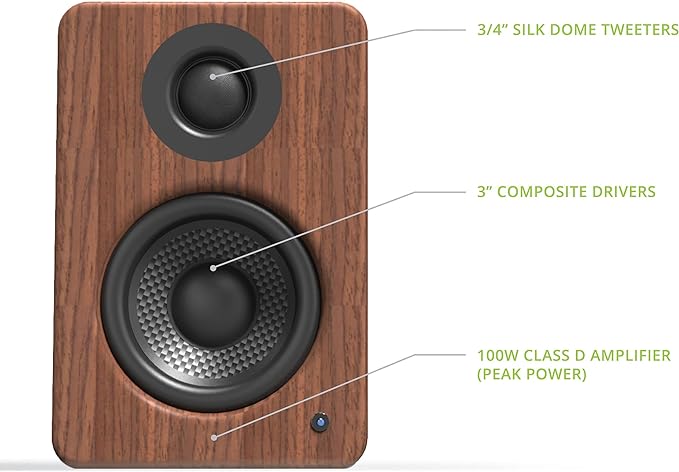 Kanto YU2 Powered Desktop Computer Speakers | 3" Drivers 3/4" Silk Dome Tweeter | 50 W RMS | Built-in USB DAC & AUX Input | Sub Out | Pair | Walnut